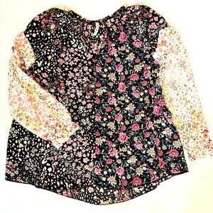 Hesed Women’s 1X Floral Leopard Mixed Print Blouse Long Sleeve Made in USA